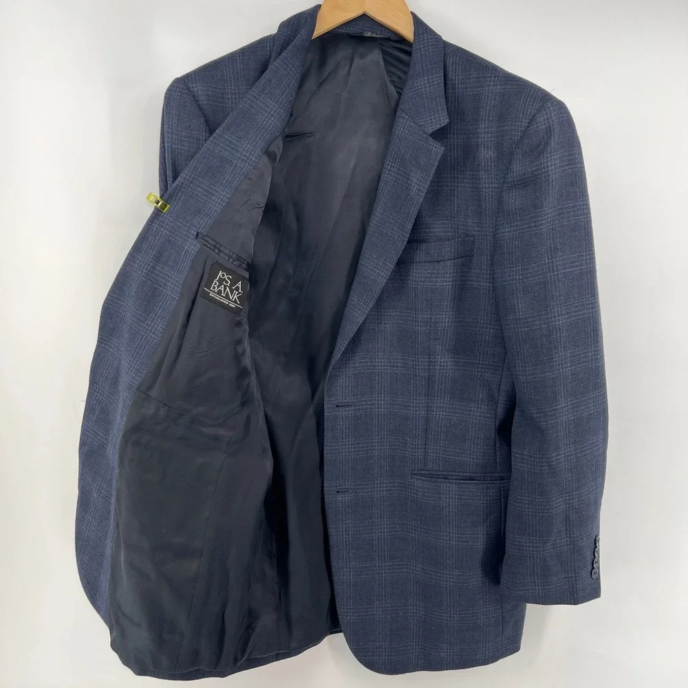Jos A Bank Blazer Mens 42L Blue Wool Glen Check Plaid Sport Coat Jacket 2 Button